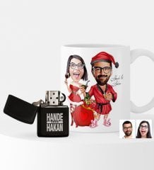 Kişiye Özel Yılbaşı Temalı Sevgililer Karikatürlü Çakmak ve Kupa Seti - 5