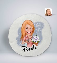 Kişiye Özel İsimli Ev Hanımı Karikatürlü Yuvarlak Araç Koltuk Yastığı-2