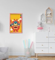 BK Home Tatlı Canavar Tasarımlı Dekoratif Pembe Ahşap Çerçeveli Çocuk Odası Tablo-3