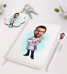 Kişiye Özel Erkek Kasap Karikatürlü Beyaz Defter Kalem ve Anahtarlık Hediye Seti