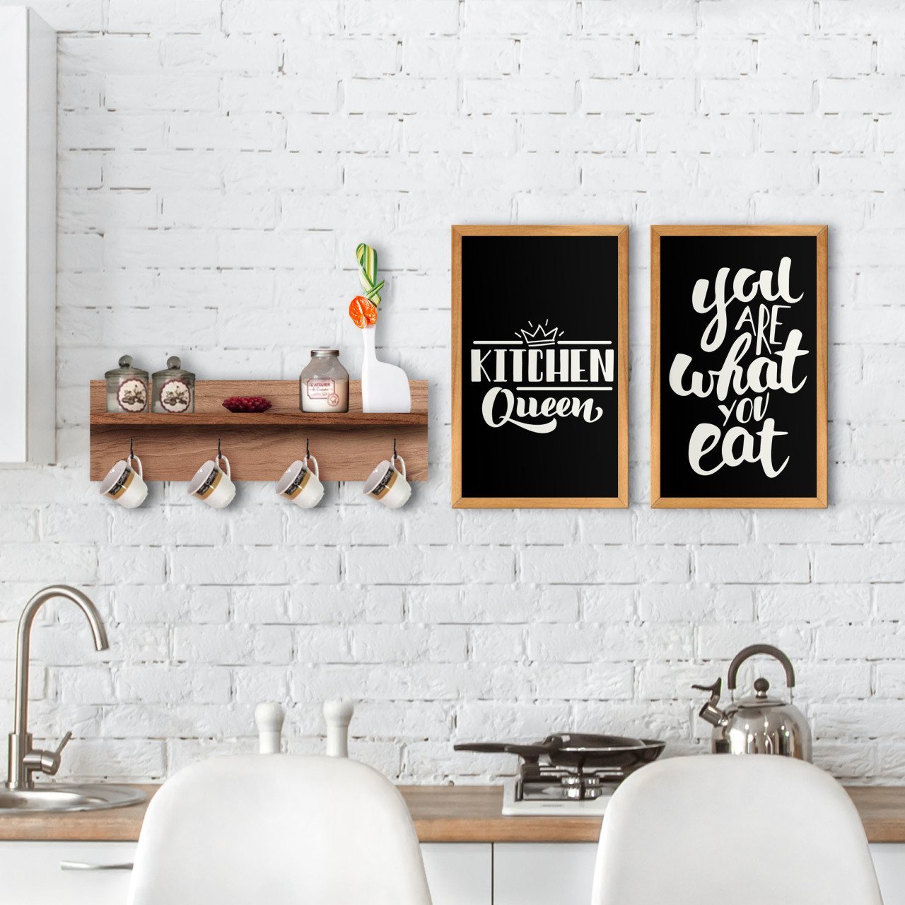 BK Home Doğal Ahşap Raflı Dekoratif Fincan Askılığı ve 2’li Mutfak Konseptli Ahşap Tablo-2