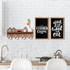 BK Home Doğal Ahşap Raflı Dekoratif Fincan Askılığı ve 2’li Mutfak Konseptli Ahşap Tablo-2
