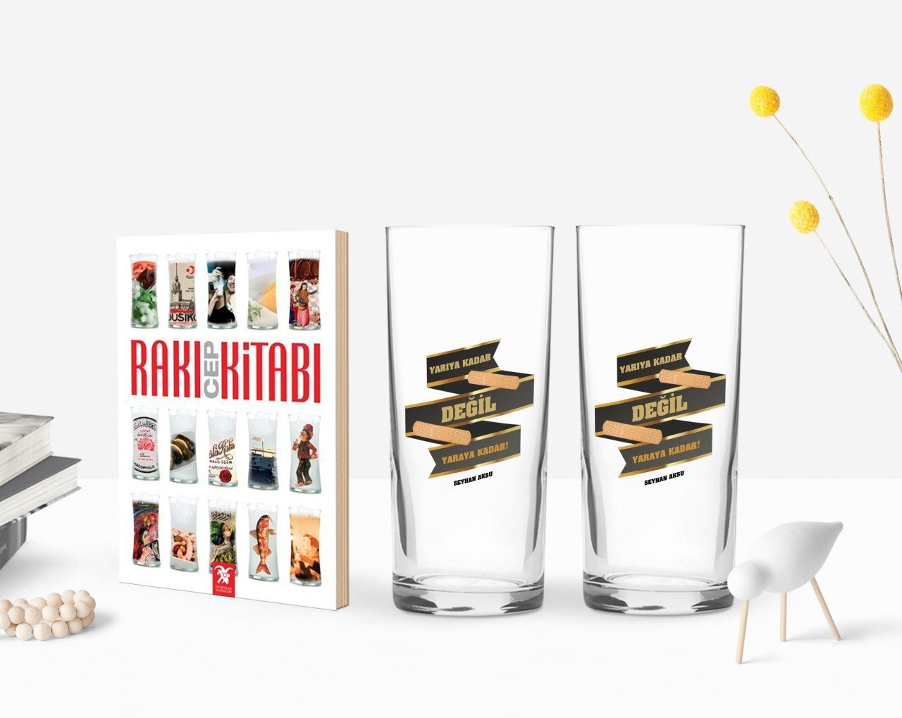 Kişiye Özel Renkli Baskılı Yarıya Kadar Değil Yaraya Kadar Tasarımlı İkili Rakı Bardağı ve Rakı Cep Kitabı Hediye Seti-6