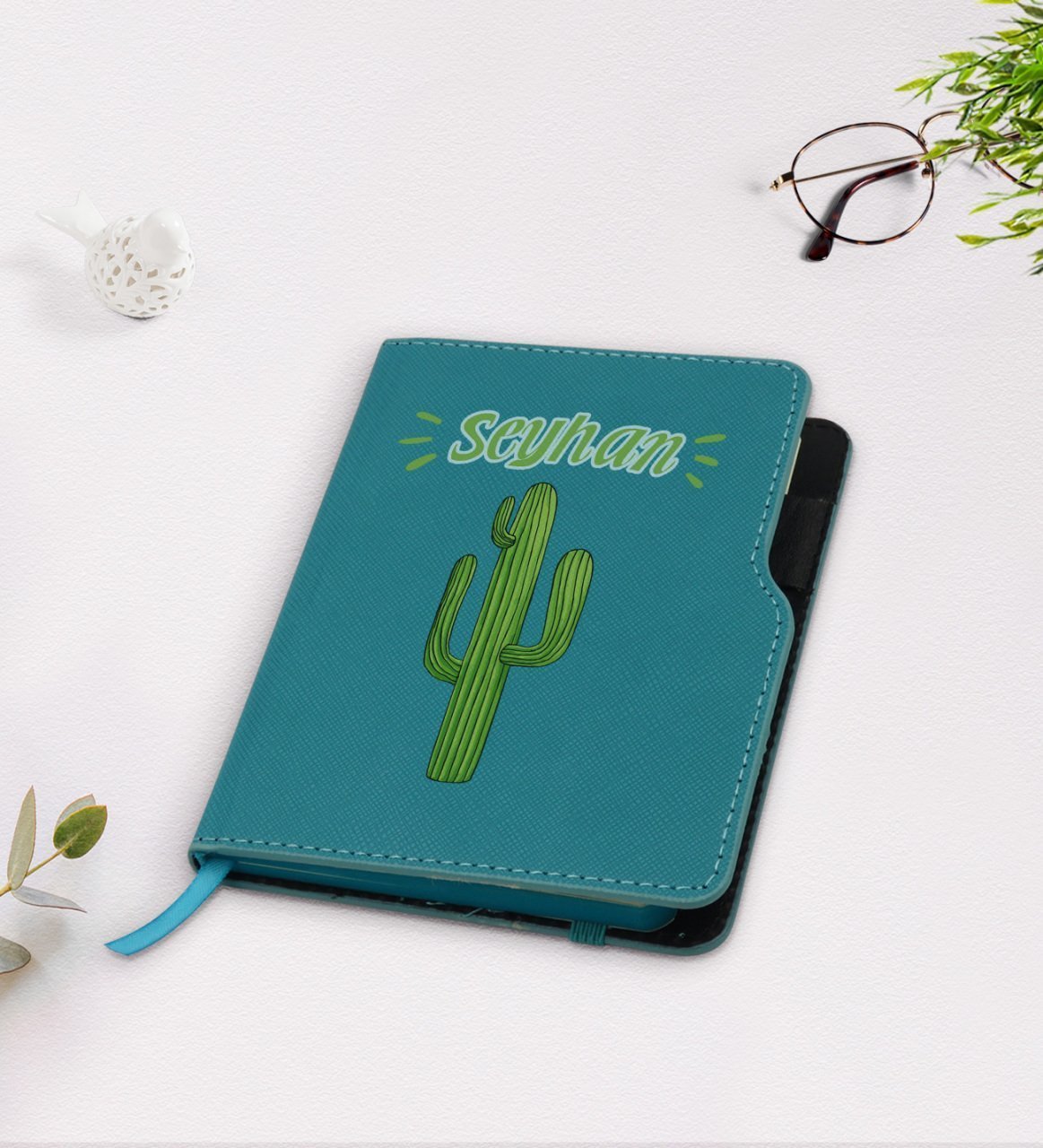 Kişiye Özel Kaktüs Tasarımlı Turkuaz Termo Deri Defter-1
