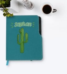 Kişiye Özel Kaktüs Tasarımlı Turkuaz Termo Deri Defter-1