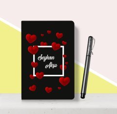Kişiye Özel Kalpli Siyah Defter Kalem Seti-1