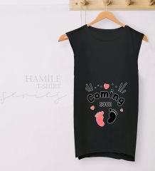 BK Gift Coming Soon Tasarımlı Siyah Sıfır Kol Hamile Tişört-3, Hamile Giyim, Eşe Hediye