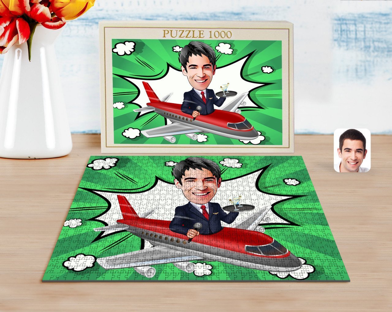 Kişiye Özel Erkek Uçuş Görevlisi Karikatürlü 1000 Parça Profesyonel Puzzle-1