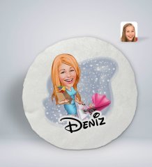 Kişiye Özel İsimli Ev Hanımı Karikatürlü Yuvarlak Araç Koltuk Yastığı-1