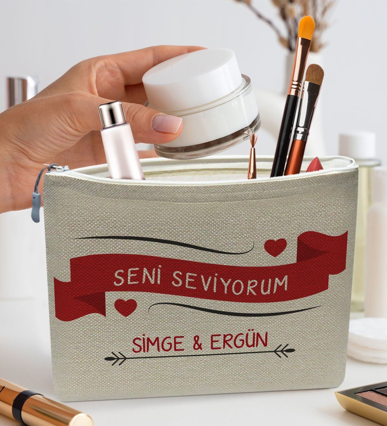 BK Gift Kişiye Özel Keten Makyaj Çantası, Sevgiliye Hediye, Arkadaşa Hediye, Sevgililer Günü Hediyesi, Doğum Günü Hediyesi-10