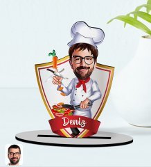 Kişiye Özel İsimli Erkek Chef Karikatürlü Ahşap Biblo Model-1