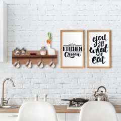 BK Home Doğal Ahşap Raflı Dekoratif Fincan Askılığı ve 2’li Mutfak Konseptli Ahşap Tablo-1