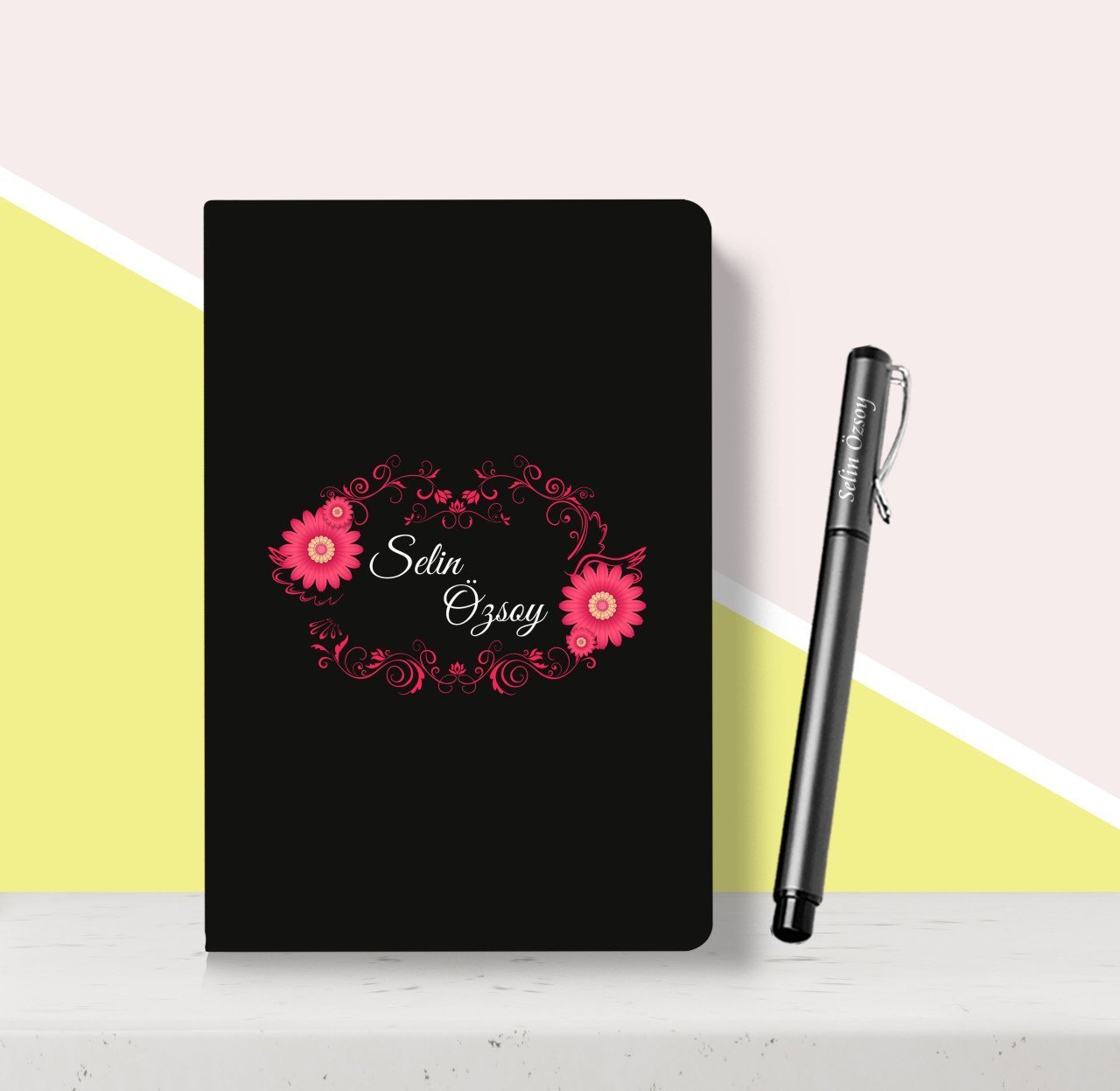 Kişiye Özel Çiçek Desenli Siyah Defter Kalem Seti-8