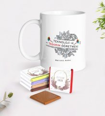 Kişiye Özel Teknoloji ve Tasarım Öğretmeni Beyaz Kupa ve Çikolata Hediye Seti