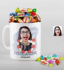 Kişiye Özel Anneler Günü Temalı Melek Annem Karikatürlü Beyaz Kupa ve Haribo Şeker Hediye Seti-1