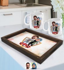 Kişiye Özel İsimli Sevgililer Karikatürlü Doğal Ahşap Tepsi ve 2’li Kupa Bardak Seti-60