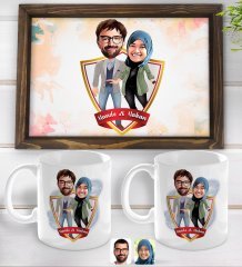 Kişiye Özel İsimli Sevgililer Karikatürlü Doğal Ahşap Tepsi ve 2’li Kupa Bardak Seti-60