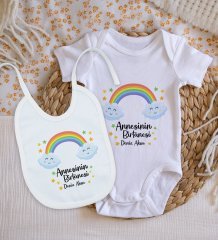 BK Kids Kişiye Özel Annesinin Bir Tanesi Tasarımlı Bebek Body Zıbın ve Mama Önlüğü Hediye Seti - Model 1