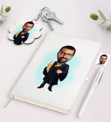 Kişiye Özel Erkek Hakim Karikatürlü Beyaz Defter Kalem ve Anahtarlık Hediye Seti