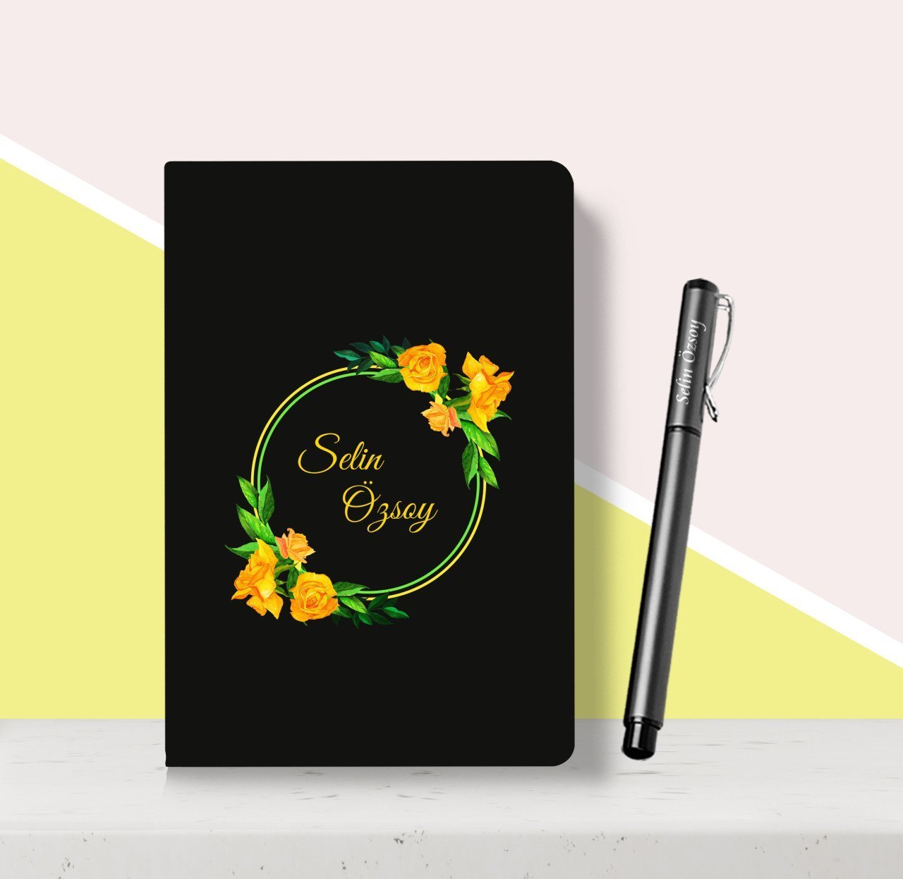 Kişiye Özel Çiçek Desenli Siyah Defter Kalem Seti-7