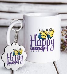Kişiye Özel Happy Birthday Beyaz Kupa ve Anahtarlık Hediye Seti-5