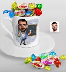 Kişiye Özel Bay Kimya Öğretmeni Karikatürlü Türk Kahvesi Fincanı ve Haribo Şeker Hediye Seti-1