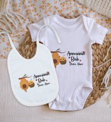 BK Kids Kişiye Özel Annesinin Balı Tasarımlı Bebek Body Zıbın ve Mama Önlüğü Hediye Seti - Model 1