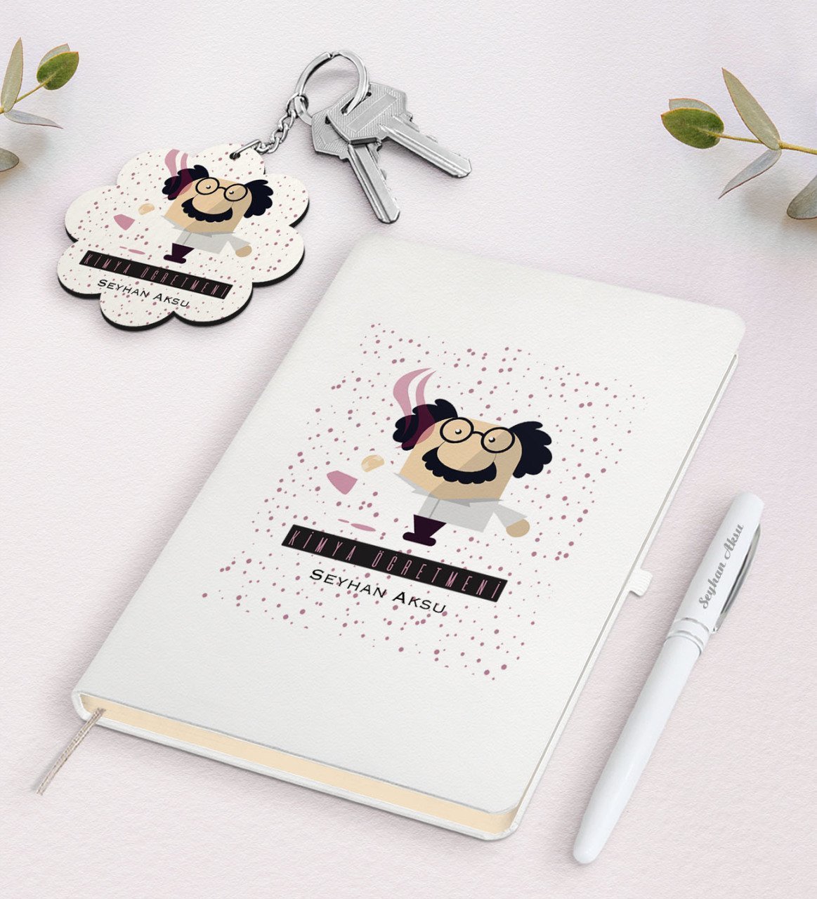 Kişiye Özel Kimya Öğretmeni Beyaz Defter Kalem Ve Anahtarlık Hediye Seti-3