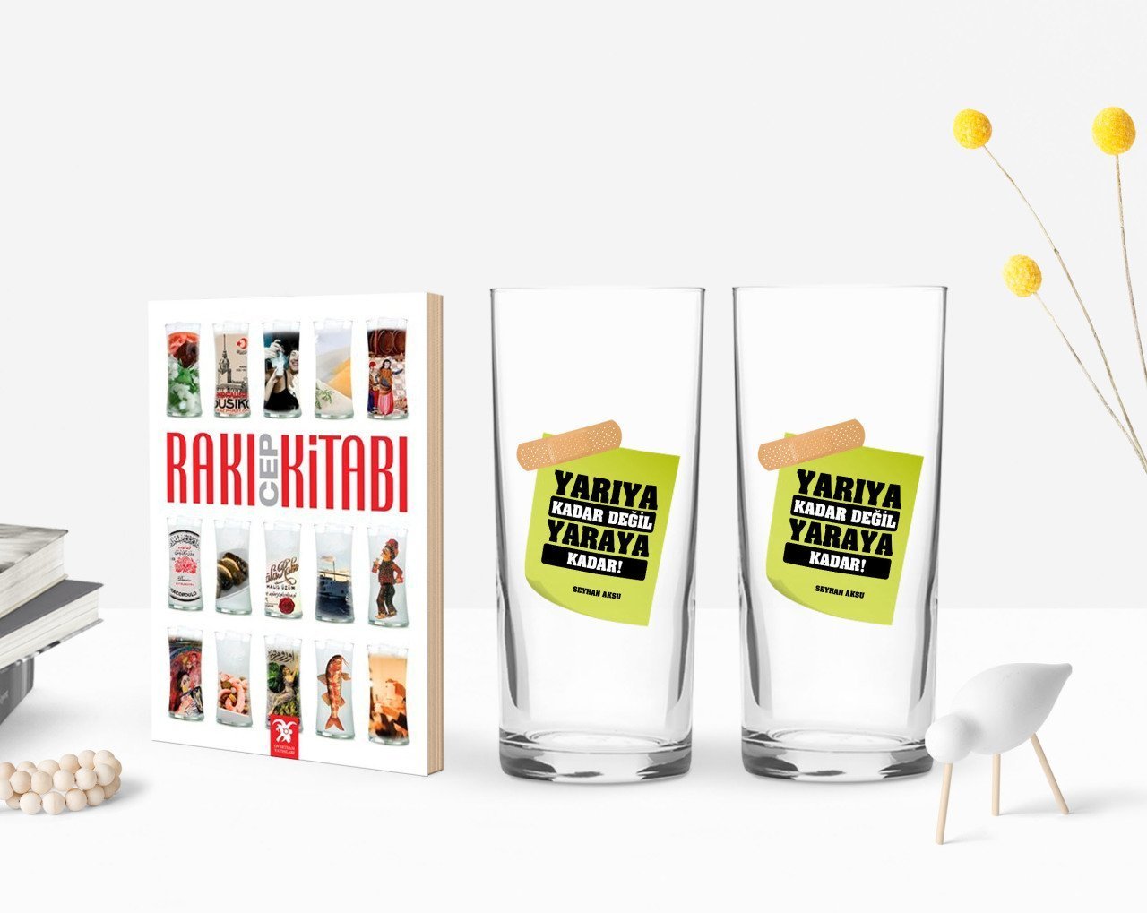 Kişiye Özel Renkli Baskılı Yarıya Kadar Değil Yaraya Kadar Tasarımlı İkili Rakı Bardağı ve Rakı Cep Kitabı Hediye Seti-3