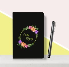 Kişiye Özel Çiçek Desenli Siyah Defter Kalem Seti-6