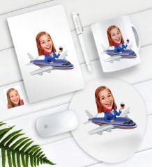Kişiye Özel Uçuş Görevlisi Hostes Karikatürlü Defter Kalem Kupa Mouse Pad Seti-1