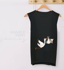 BK Gift Bebek Tasarımlı Siyah Sıfır Kol Hamile Tişört-3, Hamile Giyim, Eşe Hediye