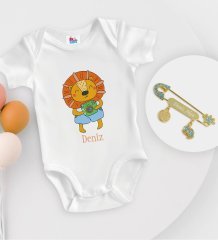 BK Kids Kişiye Özel İsimli Beyaz Bebek Body Zıbın ve Erkek Bebek İğnesi Hediye Seti-23