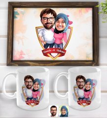 Kişiye Özel İsimli Sevgililer Karikatürlü Doğal Ahşap Tepsi ve 2’li Kupa Bardak Seti-58