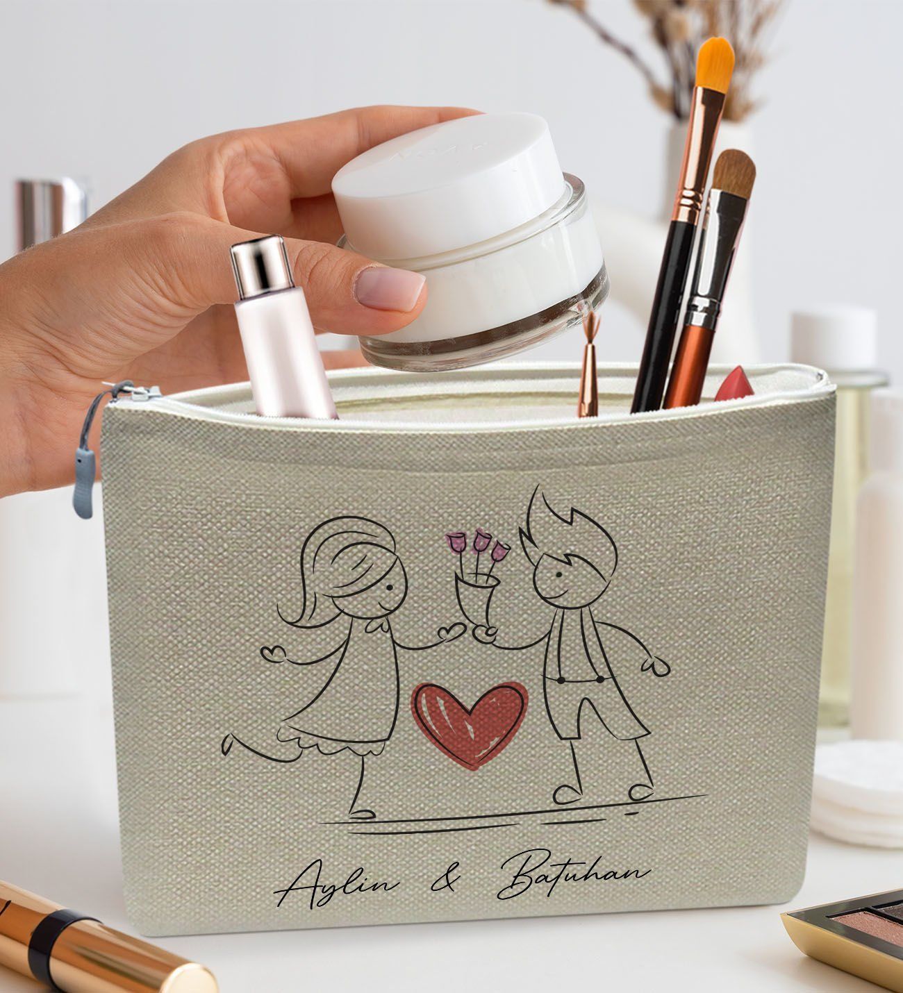 BK Gift Kişiye Özel Keten Makyaj Çantası, Sevgiliye Hediye, Arkadaşa Hediye, Sevgililer Günü Hediyesi, Doğum Günü Hediyesi-7