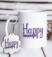 Kişiye Özel Happy Birthday Beyaz Kupa ve Anahtarlık Hediye Seti-3