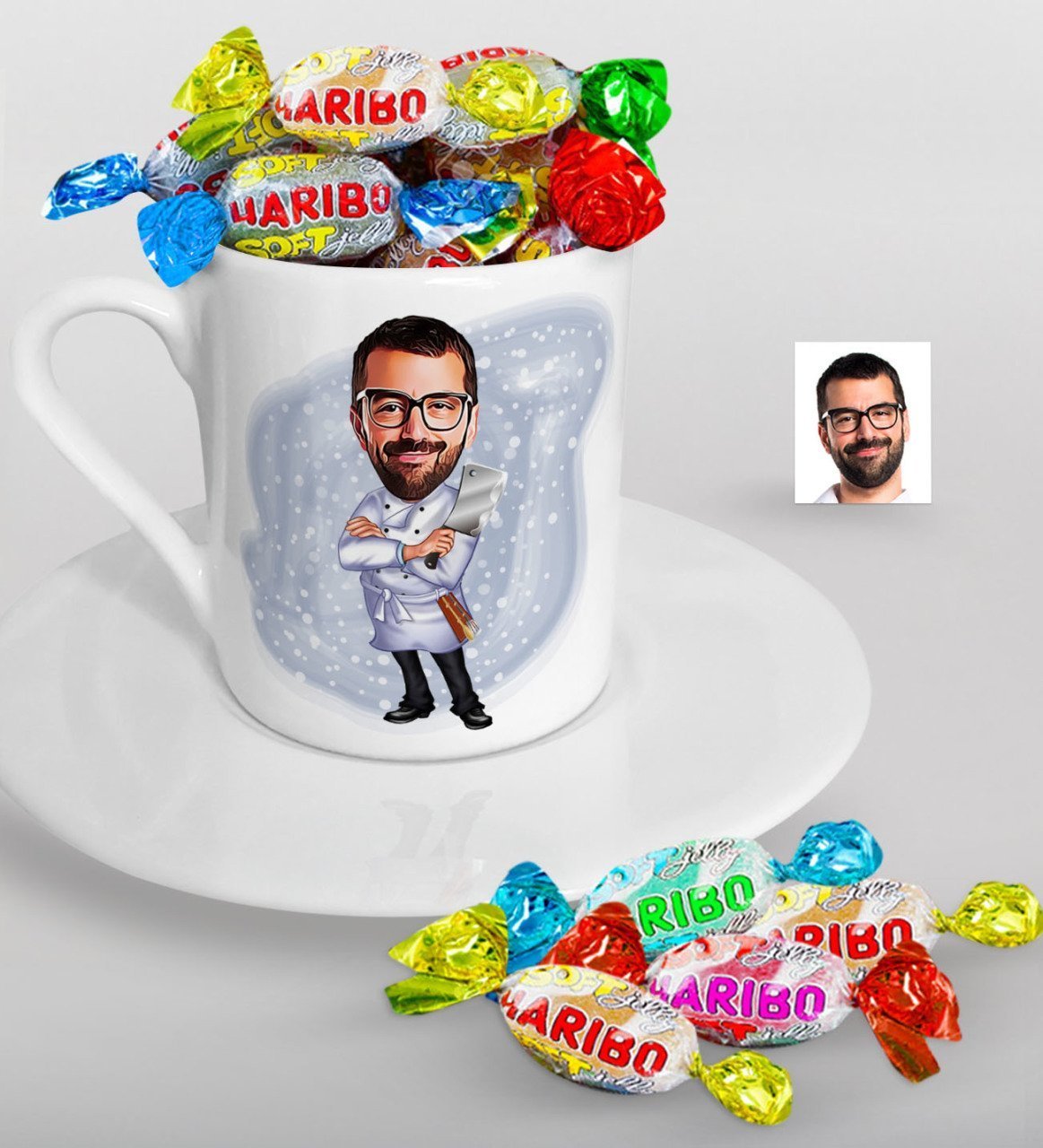 Kişiye Özel Bay Kasap Karikatürlü Türk Kahvesi Fincanı ve Haribo Şeker Hediye Seti-1