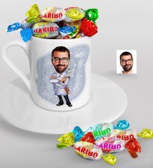Kişiye Özel Bay Kasap Karikatürlü Türk Kahvesi Fincanı ve Haribo Şeker Hediye Seti-1