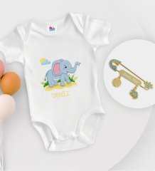 BK Kids Kişiye Özel İsimli Beyaz Bebek Body Zıbın ve Erkek Bebek İğnesi Hediye Seti-19