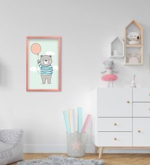 BK Home Tatlı Ayıcık Tasarımlı Dekoratif Pembe Ahşap Çerçeveli Çocuk Odası Tablo-4