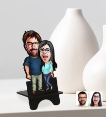 Kişiye Özel Sevgililer Karikatürlü Ahşap Biblo Telefon Standı-109