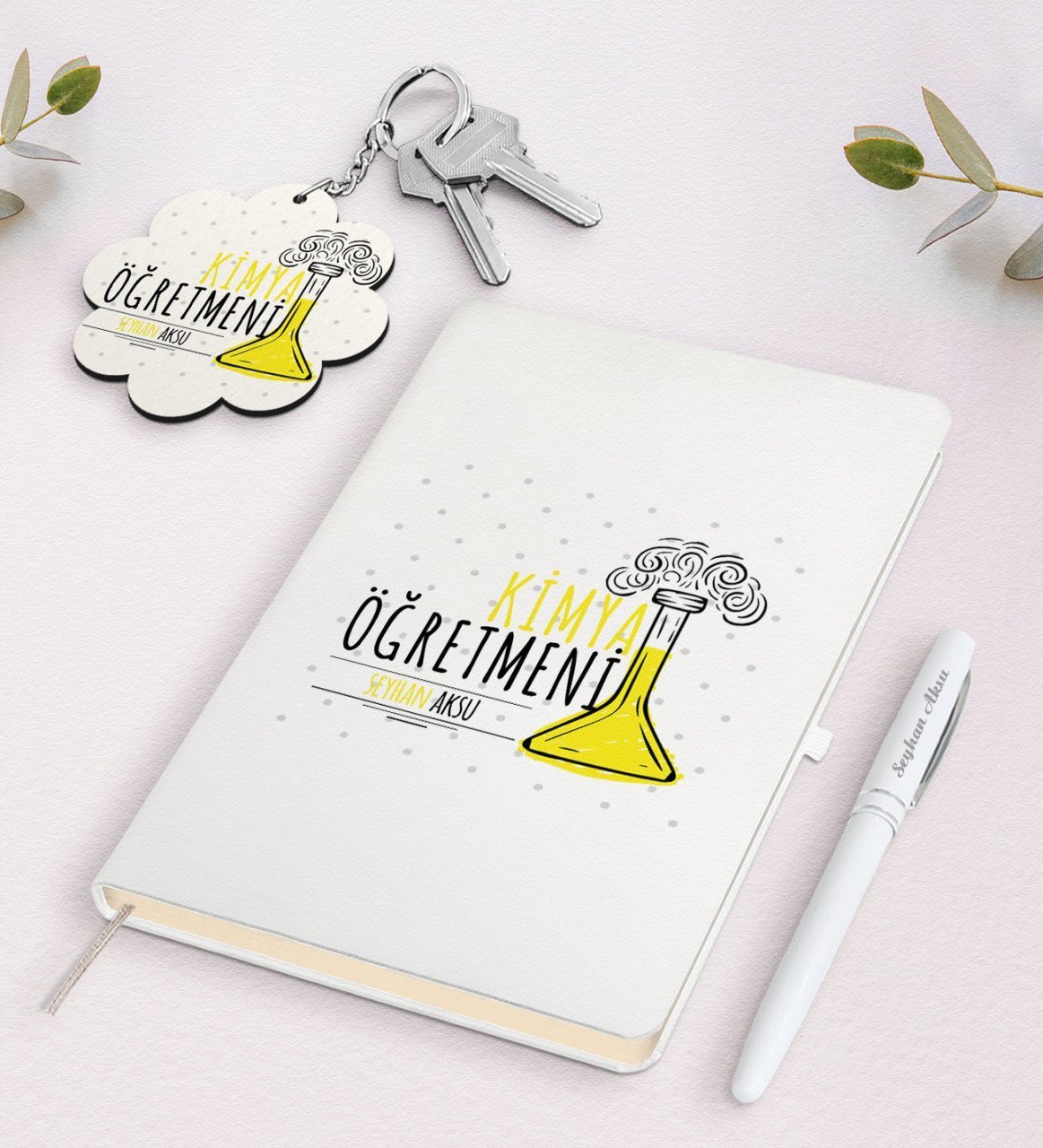 Kişiye Özel Kimya Öğretmeni Beyaz Defter Kalem Ve Anahtarlık Hediye Seti-5
