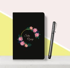 Kişiye Özel Çiçek Desenli Siyah Defter Kalem Seti-4