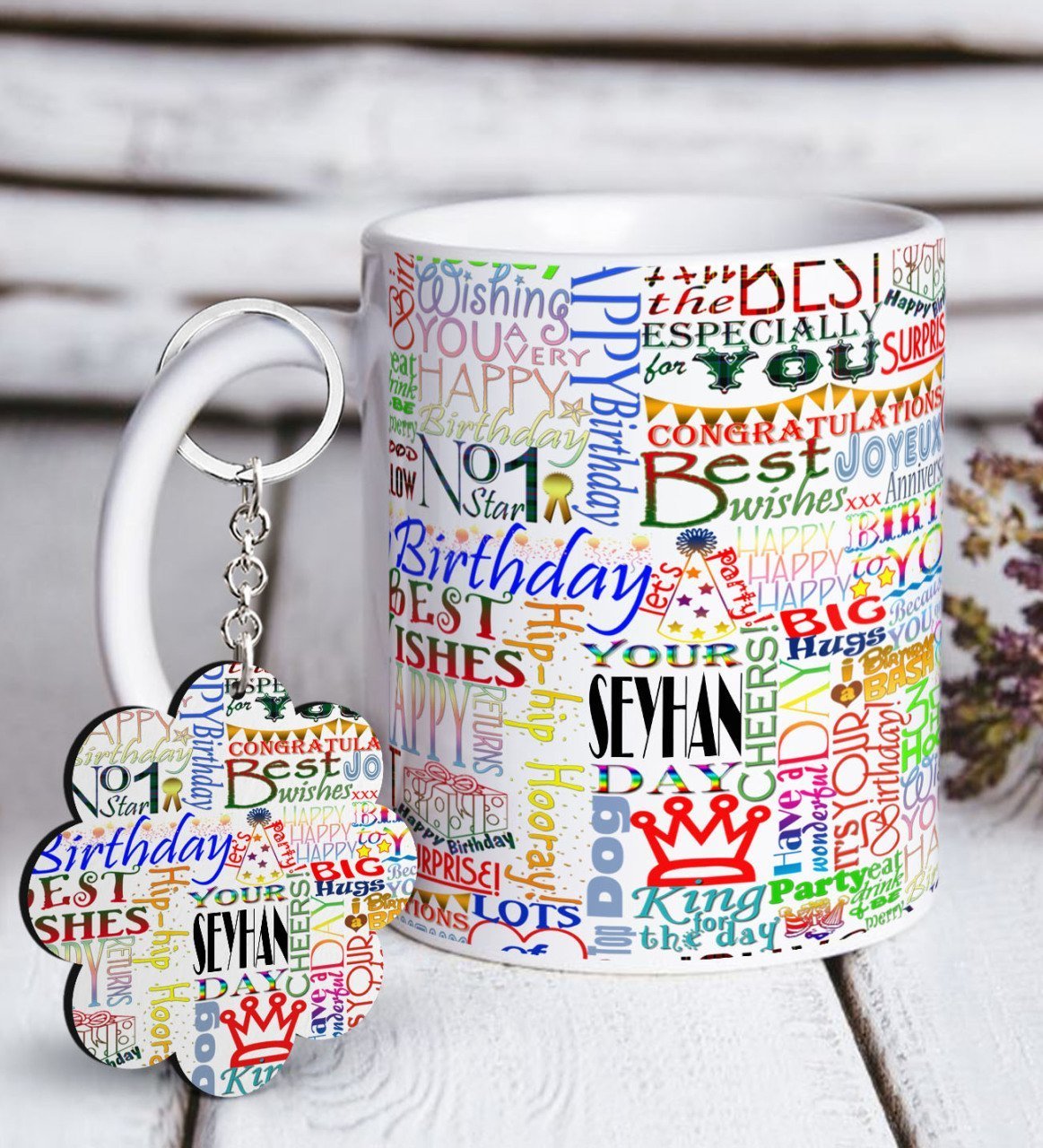 Kişiye Özel Happy Birthday Beyaz Kupa ve Anahtarlık Hediye Seti-2