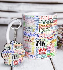 Kişiye Özel Happy Birthday Beyaz Kupa ve Anahtarlık Hediye Seti-2