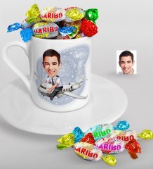 Kişiye Özel Bay Kaptan Pilot Karikatürlü Türk Kahvesi Fincanı ve Haribo Şeker Hediye Seti