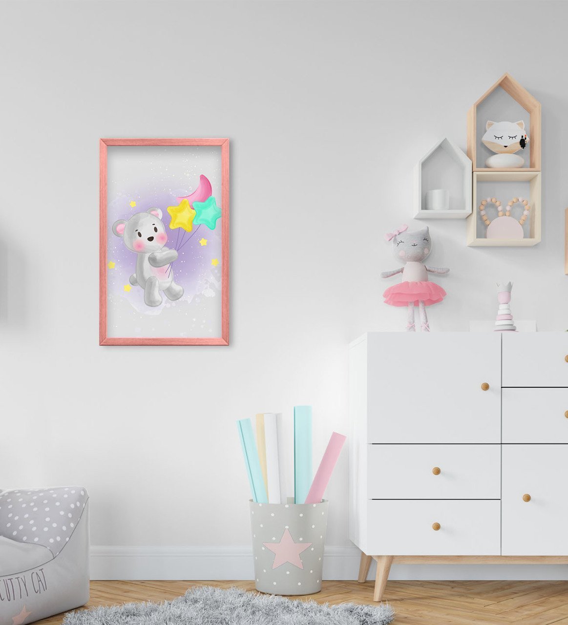 BK Home Tatlı Ayıcık Tasarımlı Dekoratif Pembe Ahşap Çerçeveli Çocuk Odası Tablo-3