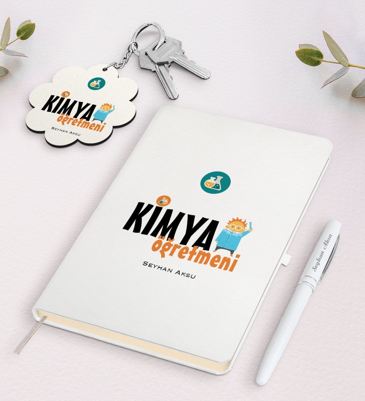 Kişiye Özel Kimya Öğretmeni Beyaz Defter Kalem Ve Anahtarlık Hediye Seti-1