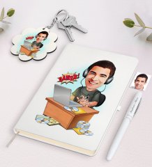 Kişiye Özel Erkek Gamer Karikatürlü Beyaz Defter Kalem ve Anahtarlık Hediye Seti