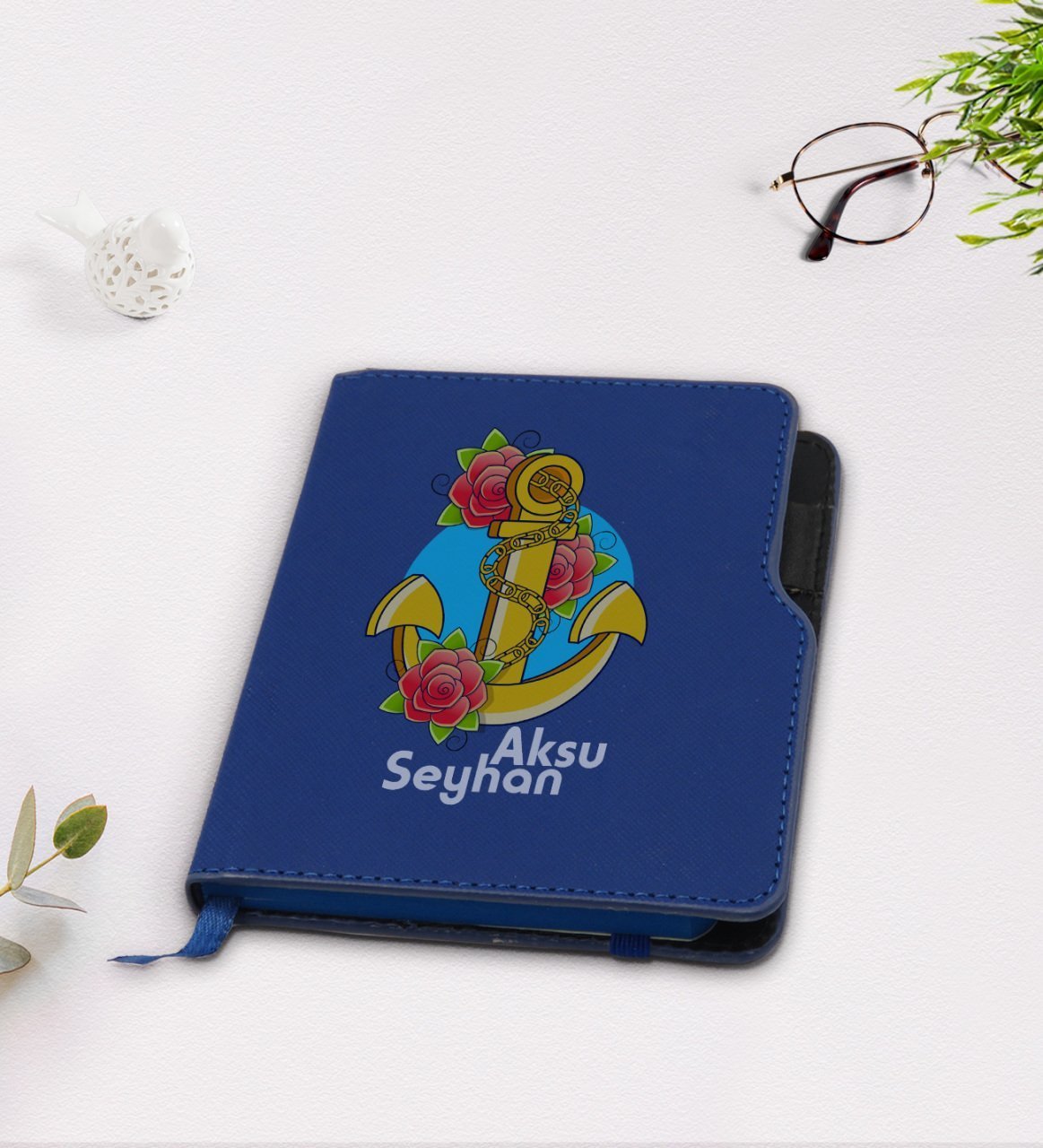 Kişiye Özel Çapa Tasarımlı Lacivert Termo Deri Defter-4